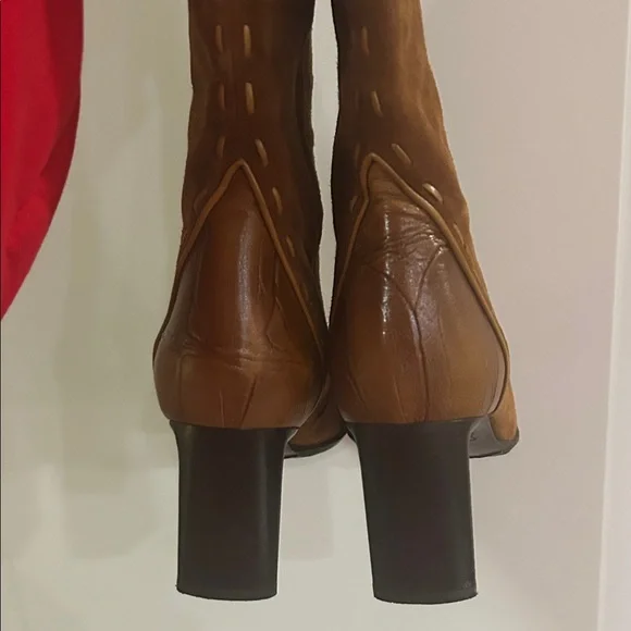 Made In Italy Camel Tan Brushed Suede and Leather High Calf Heeled Boots - Picture 10 of 14